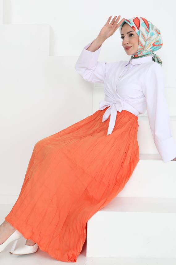 Beli Lastikli Kırışık Etek Oranj - 27013 - 2