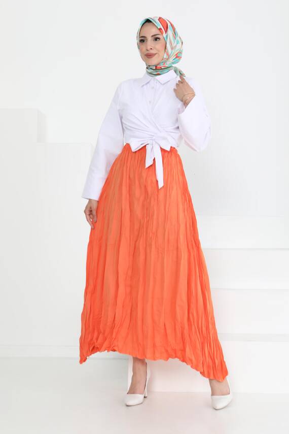 Beli Lastikli Kırışık Etek Oranj - 27013 - 3