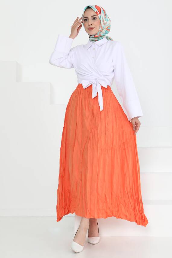 Beli Lastikli Kırışık Etek Oranj - 27013 - 4