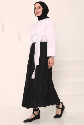 Beli Lastikli Kırışık Etek Siyah - 27013 - 4