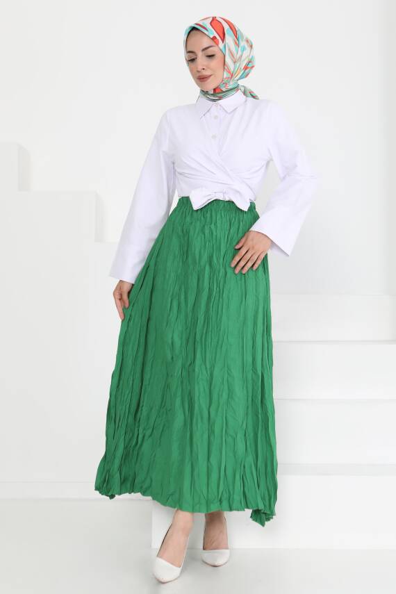 Beli Lastikli Kırışık Etek Yesil - 27013 - 2