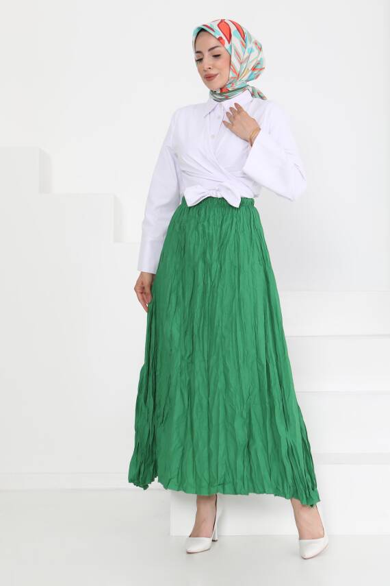 Beli Lastikli Kırışık Etek Yesil - 27013 - 4