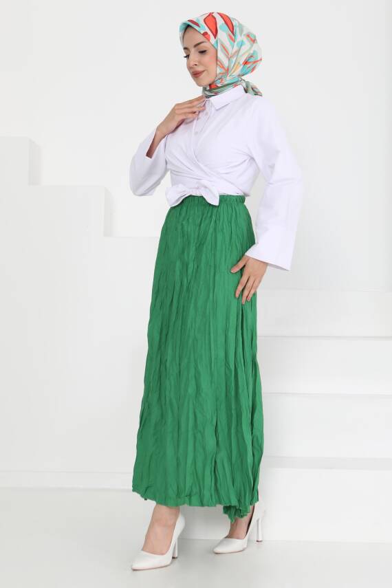 Beli Lastikli Kırışık Etek Yesil - 27013 - 5