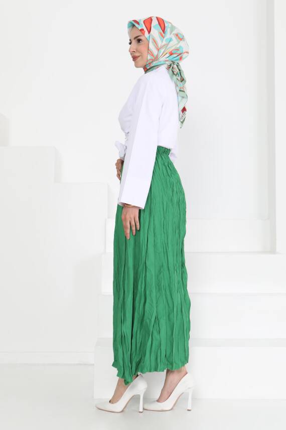Beli Lastikli Kırışık Etek Yesil - 27013 - 6