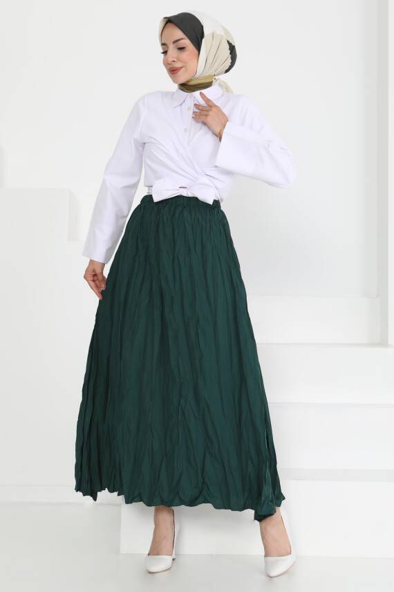 Beli Lastikli Kırışık Etek Zümrüt - 27013 - 3