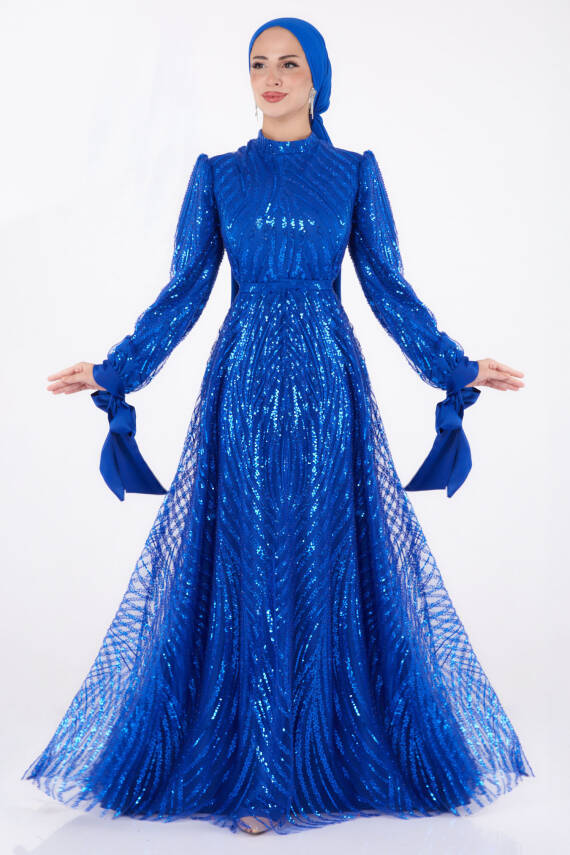 Bocuklu Abiye Elbise Saks - 26378 - 1