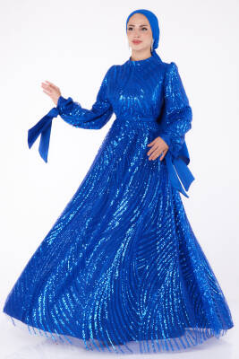 Bocuklu Abiye Elbise Saks - 26378 - 2