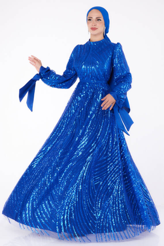 Bocuklu Abiye Elbise Saks - 26378 - 2