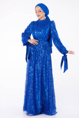 Bocuklu Abiye Elbise Saks - 26378 - 3