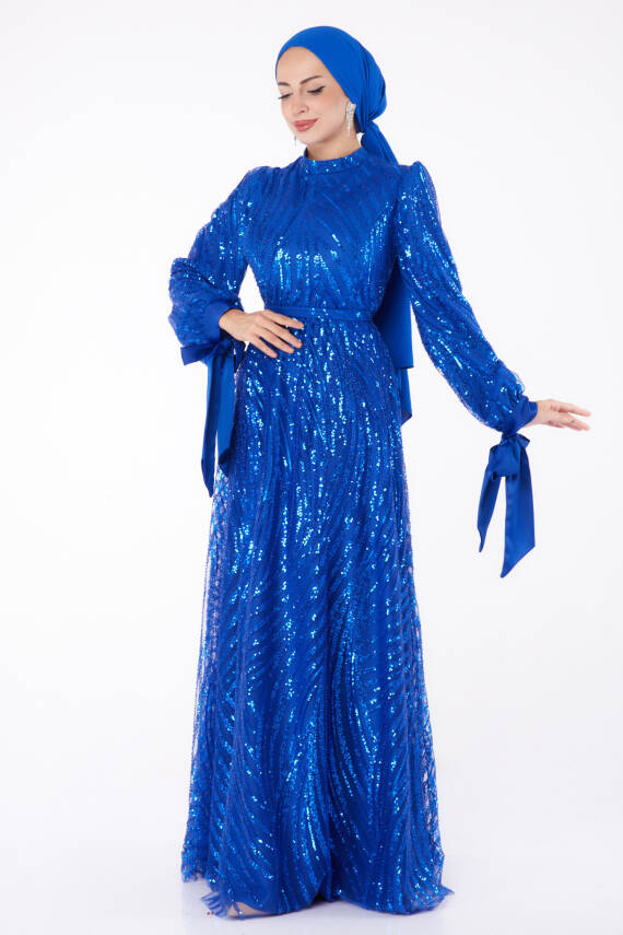 Bocuklu Abiye Elbise Saks - 26378 - 3