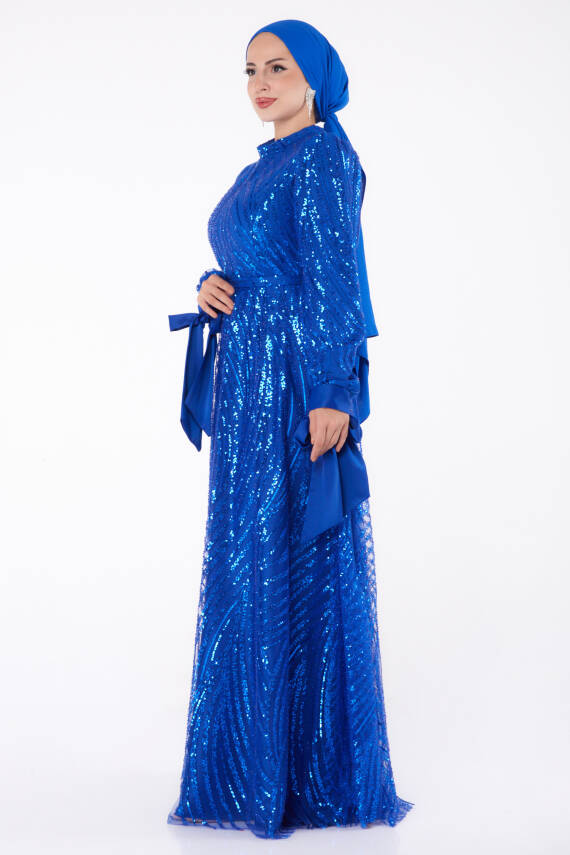 Bocuklu Abiye Elbise Saks - 26378 - 5