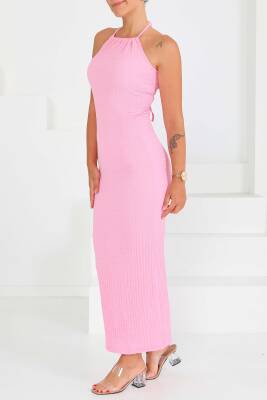 Buffle Askılı Yırtmaçlı Elbise Pembe - 27555 - 1