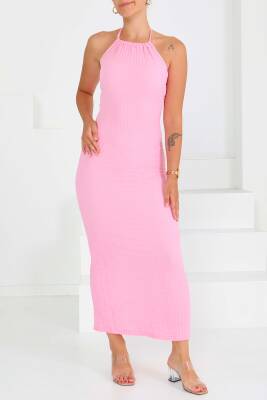 Buffle Askılı Yırtmaçlı Elbise Pembe - 27555 - 4