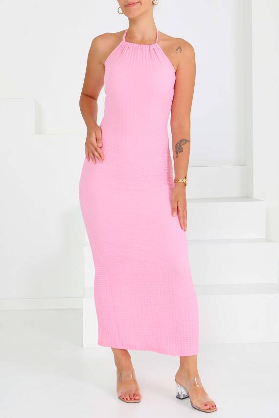Buffle Askılı Yırtmaçlı Elbise Pembe - 27555 - 4