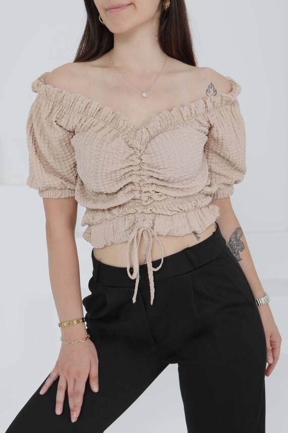 Buffle Büzgülü Crop Bej - 27485 - 1