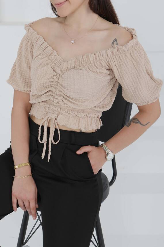 Buffle Büzgülü Crop Bej - 27485 - 3