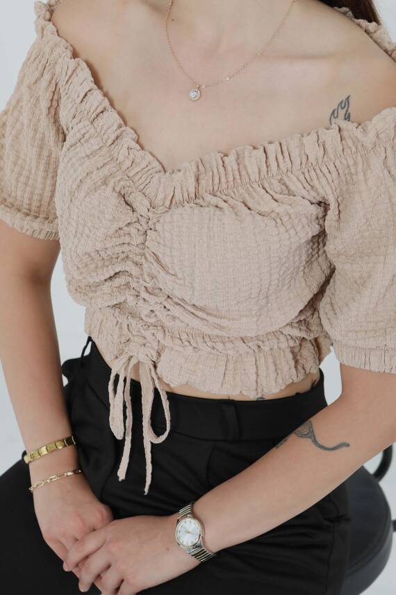 Buffle Büzgülü Crop Bej - 27485 - 4