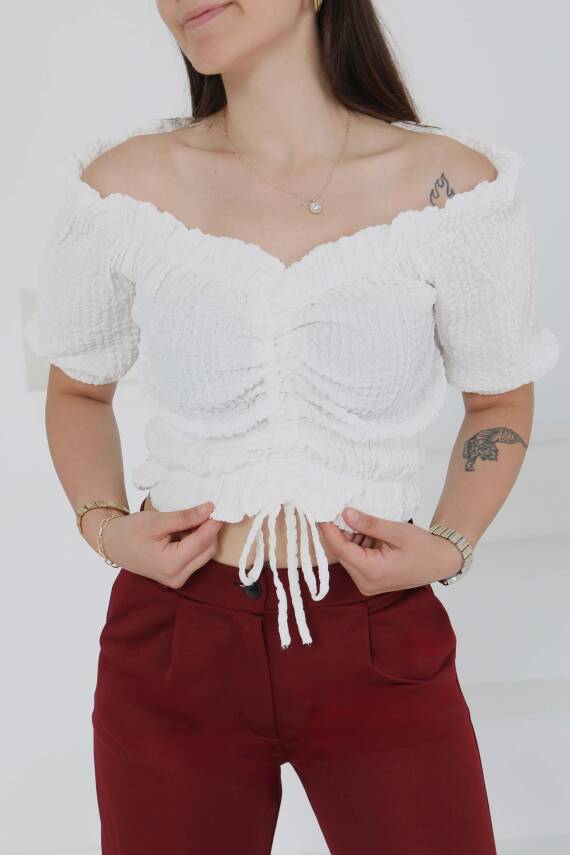 Buffle Büzgülü Crop Beyaz - 27485 - 1