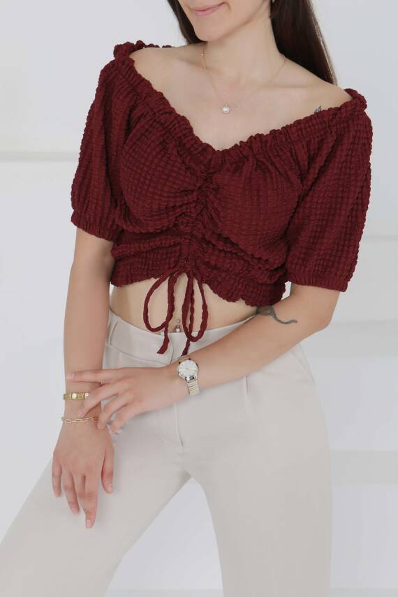 Buffle Büzgülü Crop Bordo - 27485 - 1