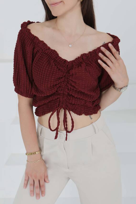Buffle Büzgülü Crop Bordo - 27485 - 2