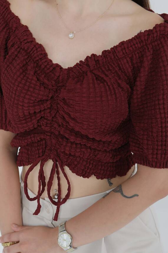 Buffle Büzgülü Crop Bordo - 27485 - 3