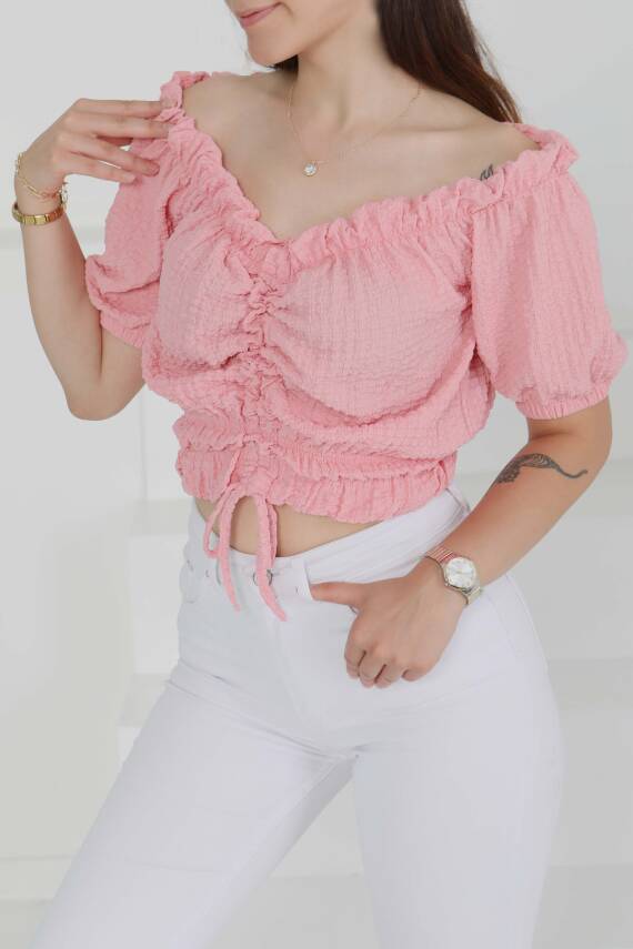 Buffle Büzgülü Crop Pembe - 27485 - 1