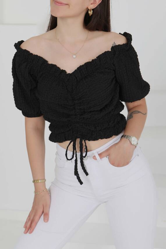 Buffle Büzgülü Crop Siyah - 27485 - 1