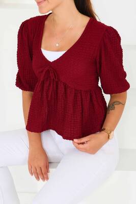 Buffle Kısa Kollu Bluz Bordo - 27538 