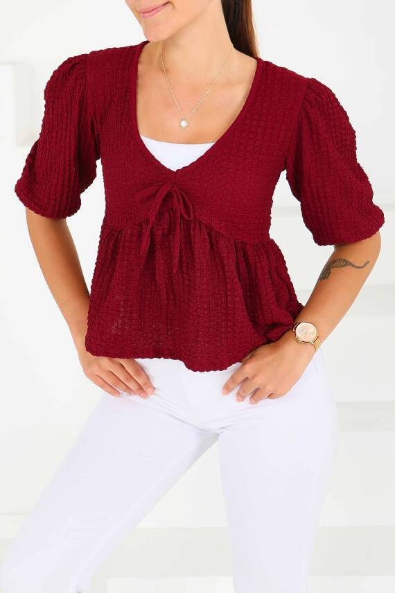 Buffle Kısa Kollu Bluz Bordo - 27538 - 2