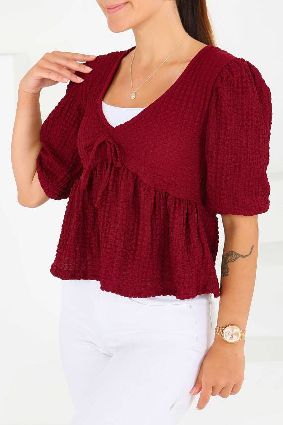 Buffle Kısa Kollu Bluz Bordo - 27538 - 3