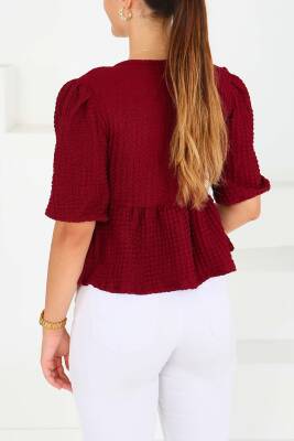 Buffle Kısa Kollu Bluz Bordo - 27538 - 4