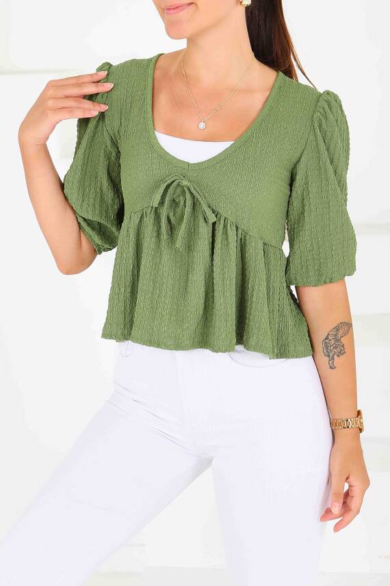 Buffle Kısa Kollu Bluz Haki - 27538 - 3