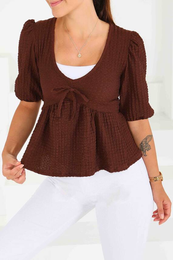 Buffle Kısa Kollu Bluz Kahve - 27538 - 1