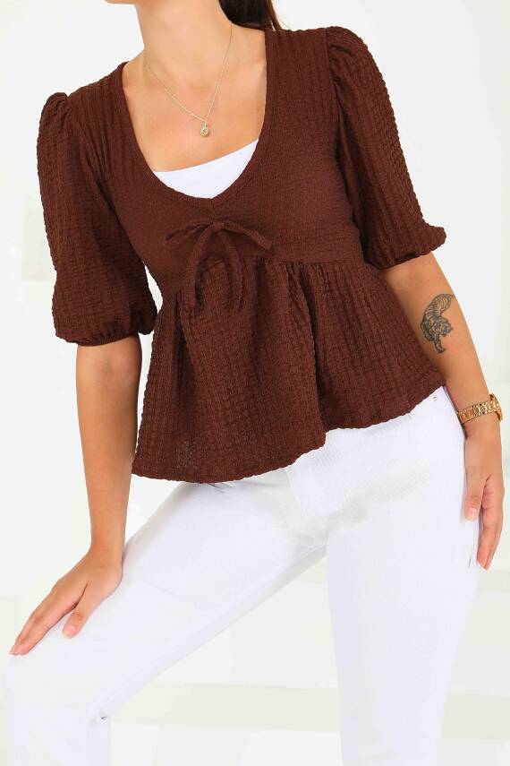 Buffle Kısa Kollu Bluz Kahve - 27538 - 3
