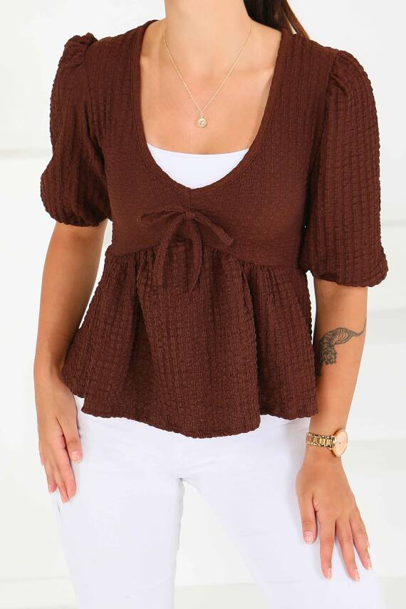 Buffle Kısa Kollu Bluz Kahve - 27538 - 4