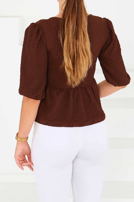 Buffle Kısa Kollu Bluz Kahve - 27538 - 5