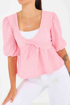 Buffle Kısa Kollu Bluz Pembe - 27538 