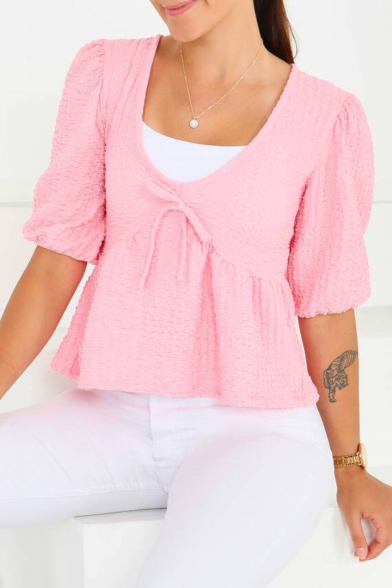Buffle Kısa Kollu Bluz Pembe - 27538 - 2