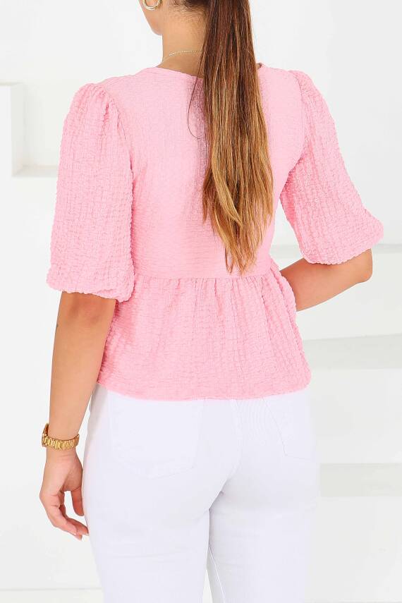 Buffle Kısa Kollu Bluz Pembe - 27538 - 5
