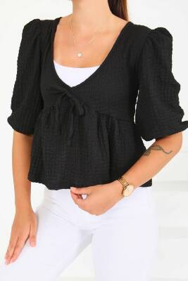 Buffle Kısa Kollu Bluz Siyah - 27538 