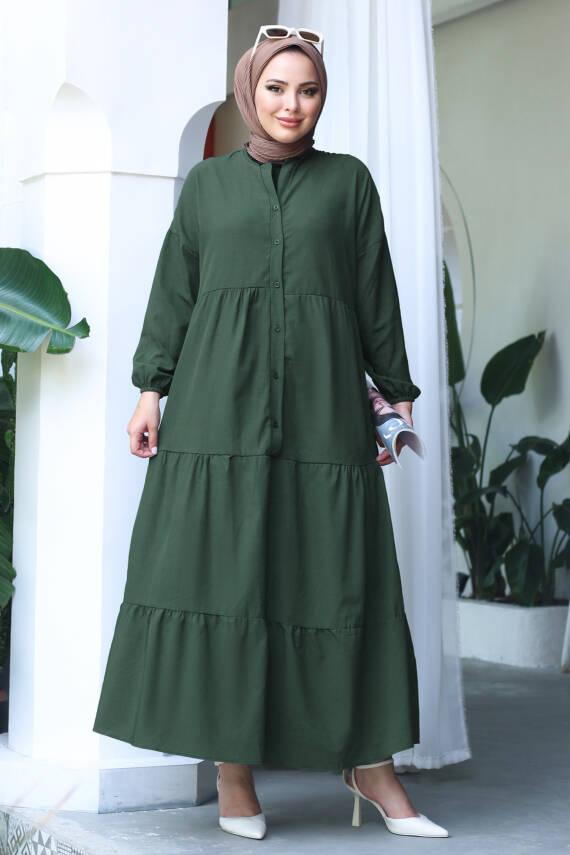 Büzgülü Pat Detaylı Elbise Haki - 27293 - 2