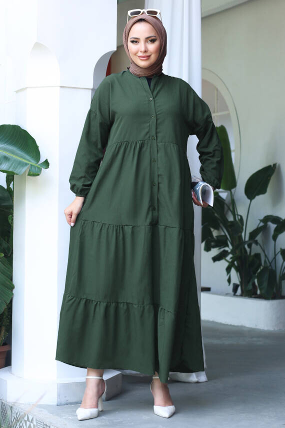 Büzgülü Pat Detaylı Elbise Haki - 27293 - 3