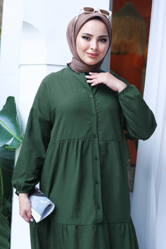 Büzgülü Pat Detaylı Elbise Haki - 27293 - 4