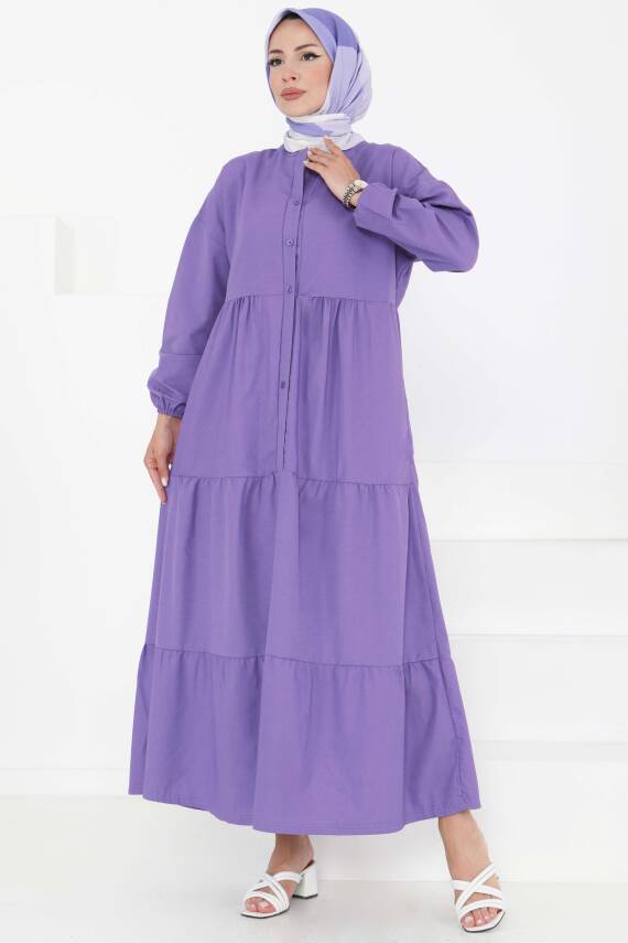 Büzgülü Pat Detaylı Elbise Lila - 27293 - 1