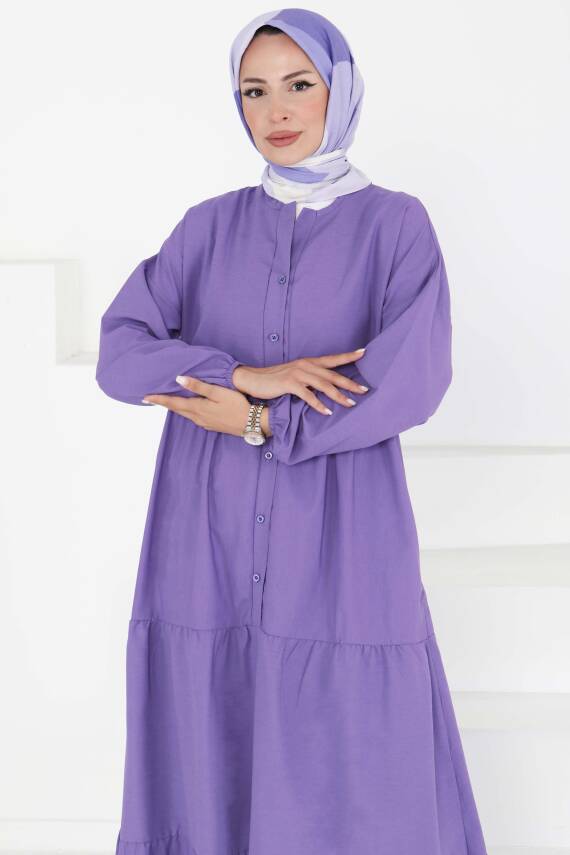 Büzgülü Pat Detaylı Elbise Lila - 27293 - 2