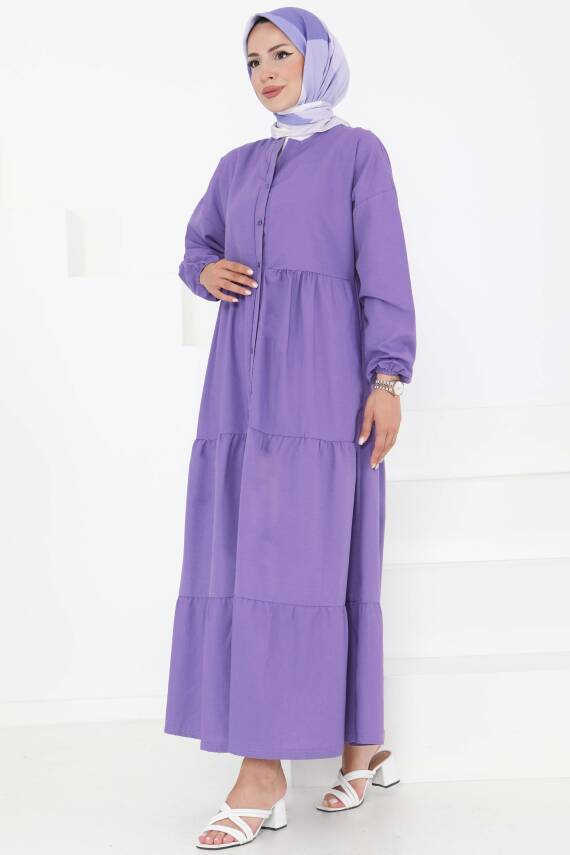 Büzgülü Pat Detaylı Elbise Lila - 27293 - 3