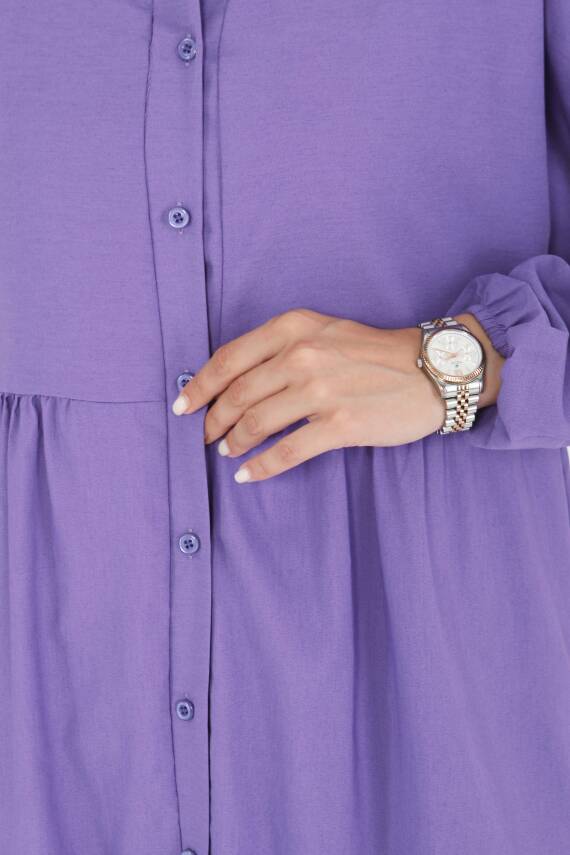 Büzgülü Pat Detaylı Elbise Lila - 27293 - 5