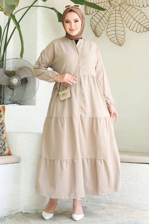 Büzgülü Pat Detaylı Elbise Vizon - 27293 - 3