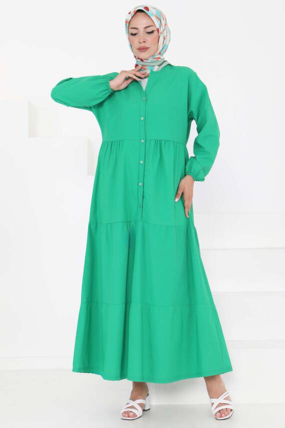 Büzgülü Pat Detaylı Elbise Yesil - 27293 - 3
