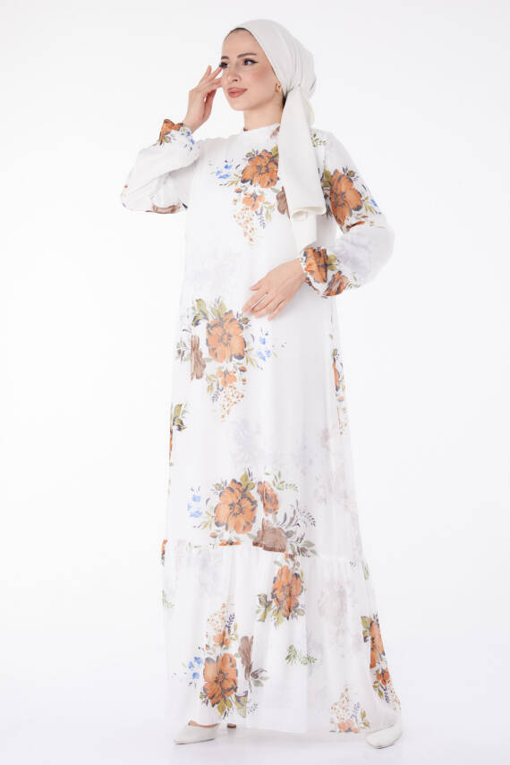 Çicek Desenli Elbise Kiremit - 25448 - 1